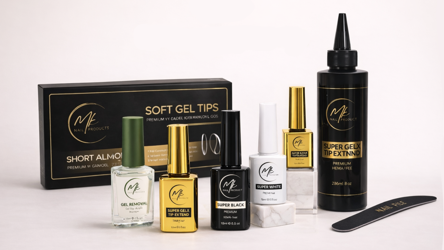 Collection of beauty products including bottles and boxes on a white background